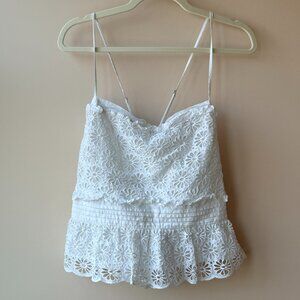 J.Crew White Eyelet Cami Top Size L Cotton Lace Trim Peplum Summer Tank